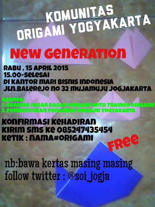 soi_jogja's tweet photo. Yuk yg minat atau hoby lipat kertas origami besok merapat jam 15.00-selesai @JogjaUpdate @Jogja24Jam @eventjogja http://t.co/72GLpgZzyg