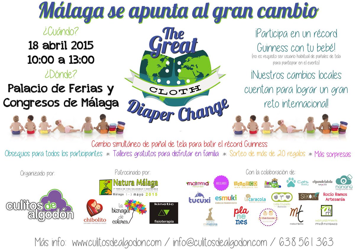 CulitosAlgodon's tweet photo. Récord Mundial de Cambio de Pañales de Tela. Sábado 18 abril de 10 a 13h en @Fycma con colaboración de @NaturaMLG http://t.co/yls0aIXO6w