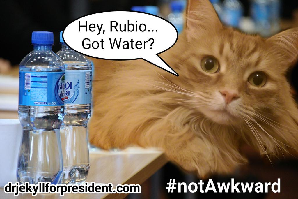 drj4prez's tweet photo. I welcome my new opponent @marcorubio despite his drinking problem. #gotwater #notawkward #2016 #election http://t.co/l5gprkiLl2