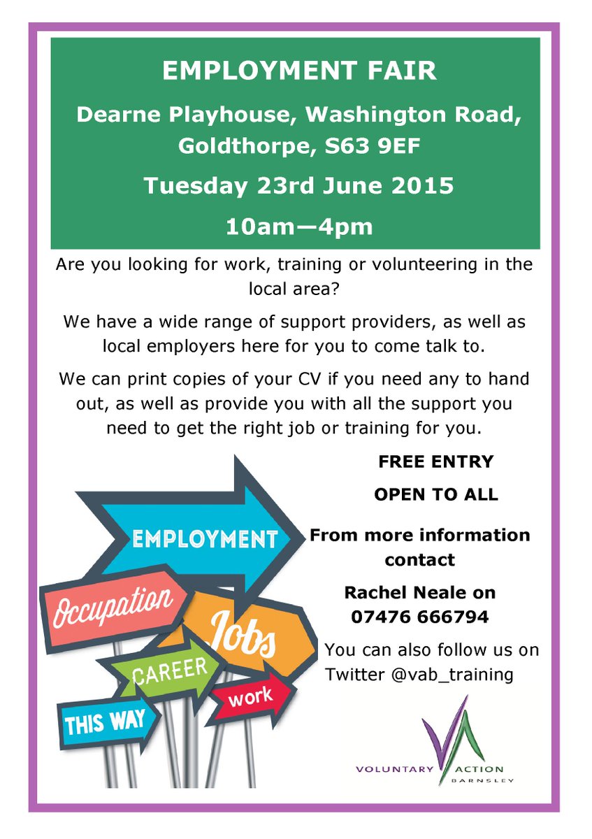VCBarnsley's tweet image. Excited to announce our Employment &amp;amp; Support Fair at @TransformDP on 23rd June! Free &amp;amp; open to all! #BarnsleyisBrill