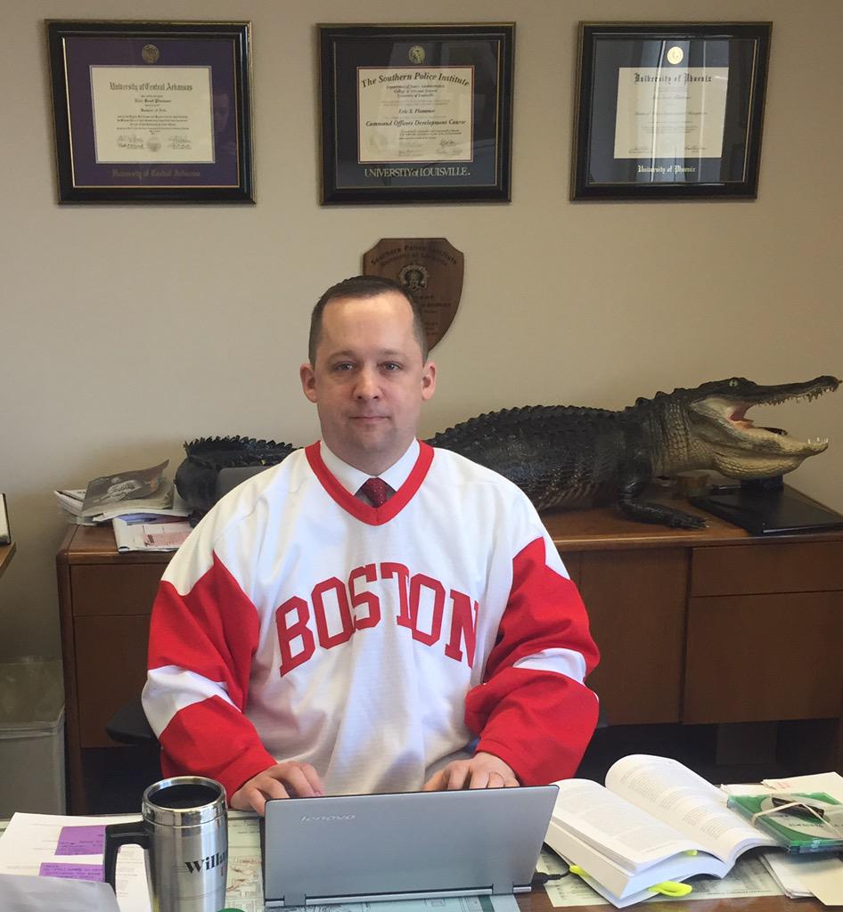 UNDPoliceDept's tweet photo. The day has come for Chief Plummer to wear the @BUPolice Jersey around campus today! http://t.co/ebfdym54sD
