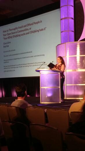 EventsLF's tweet image. Day 2 #ApachCon keynotes start with Red Hat&apos;s Gina Likins discussing How to Thoroughly Insult &amp;amp; Offend People in OS