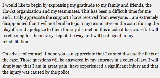 HuffPostSports's tweet photo. Thabo Sefolosha releases statement blaming the NYPD for his season-ending injury http://t.co/8bOjzxlyG5 http://t.co/Ej3kRIJH98