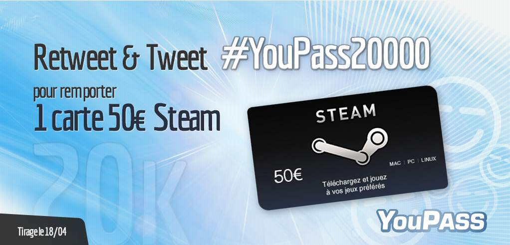 YouPassFR's tweet photo. RT + Tweet avec #YouPass20000 pour gagner 50€ Steam ! Payez vos cartes avec votre téléphone=> http://t.co/gXRTEHQ0JO€ http://t.co/2BpmfRWUjt