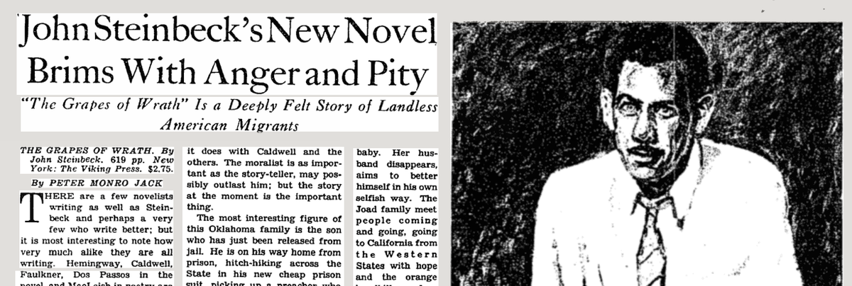 NYTArchives's tweet image. "A novel from the depths of [Steinbeck's] heart": The Grapes of Wrath, published 4/14/1939 timesmachine.nytimes.com/timesmachine/1…