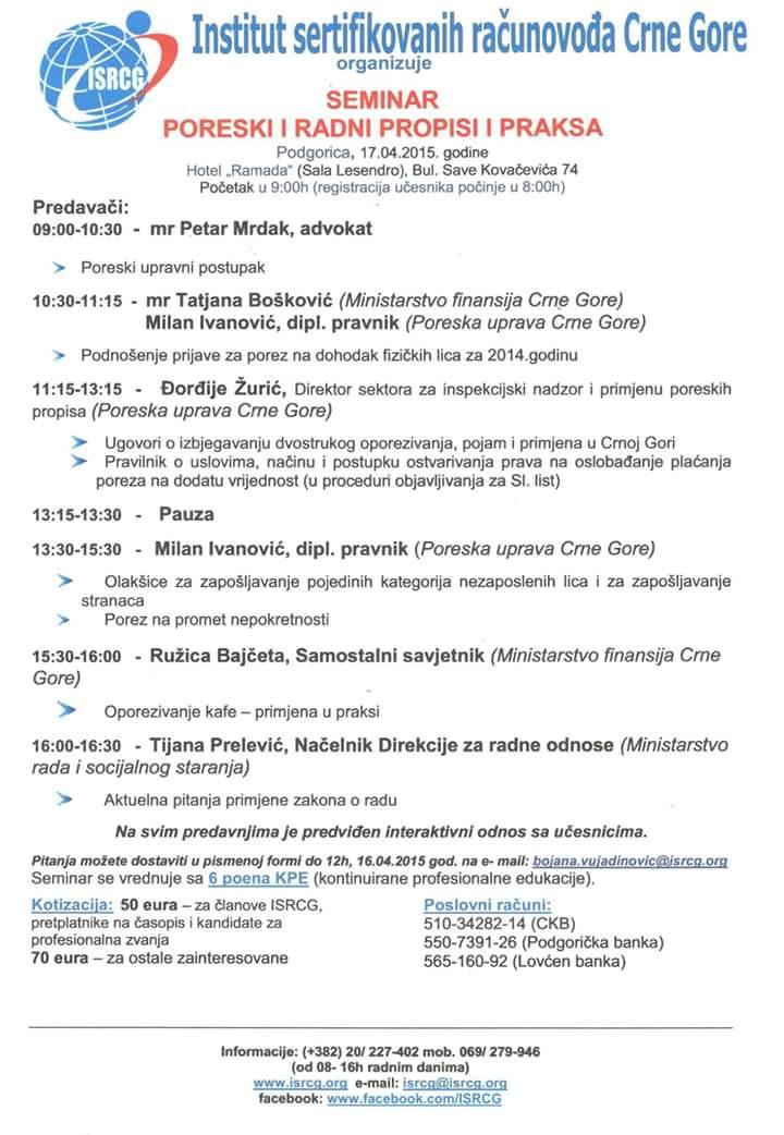 InstitutSRCG's tweet photo. Seminar, 17.04.2015. godine http://t.co/b98UA9WhwF