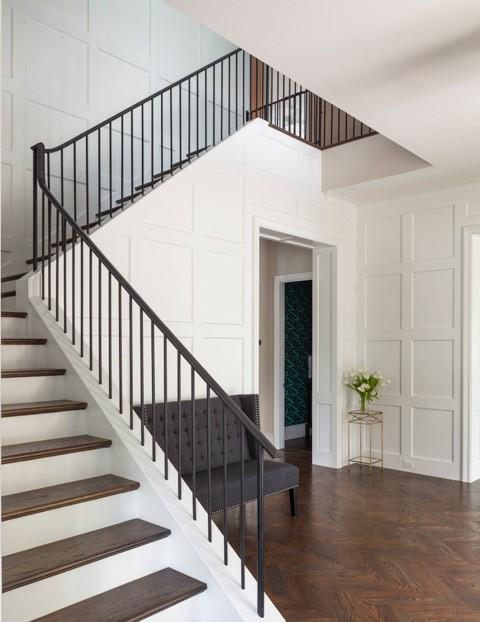 RECustomHomes's tweet photo. We love how beautifully the wainscoting surrounds this modern staircase! @bkdesignstudios #parkcitieshomes #RECH http://t.co/5l95xLo8oB