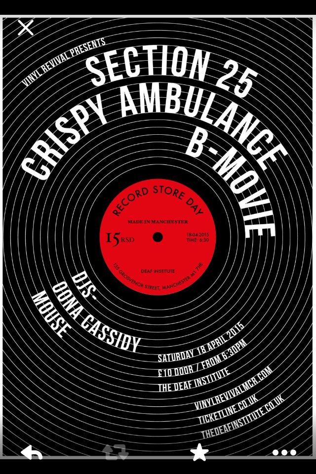 VinylRevivalMcr's tweet image. Still a few tickets in the shop for our @RSDUK event at @DeafInstitute with @section25 @CrispyAmbulanc @b-movie.