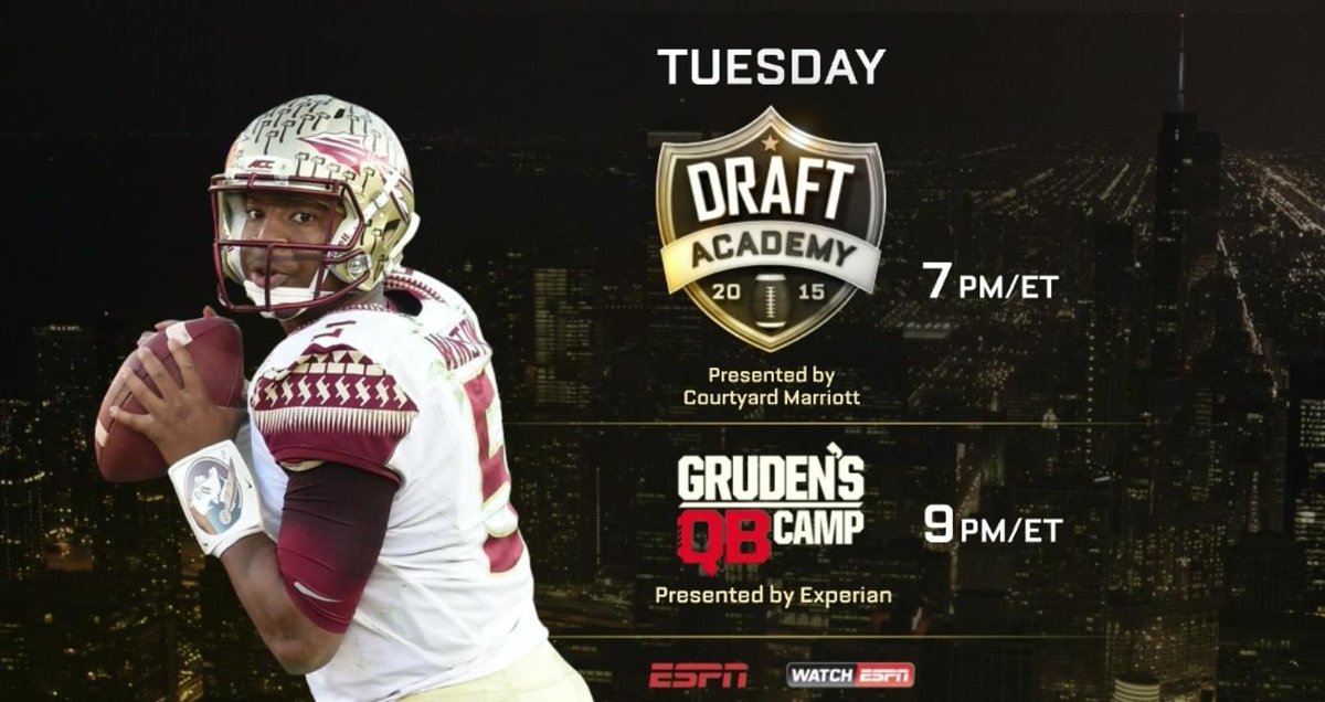 bhofheimer_espn's tweet image. Tonite kicks off ESPN's wkly Tues night "Journey to the Draft" block: #DraftAcademy and #GrudensQBCamp.