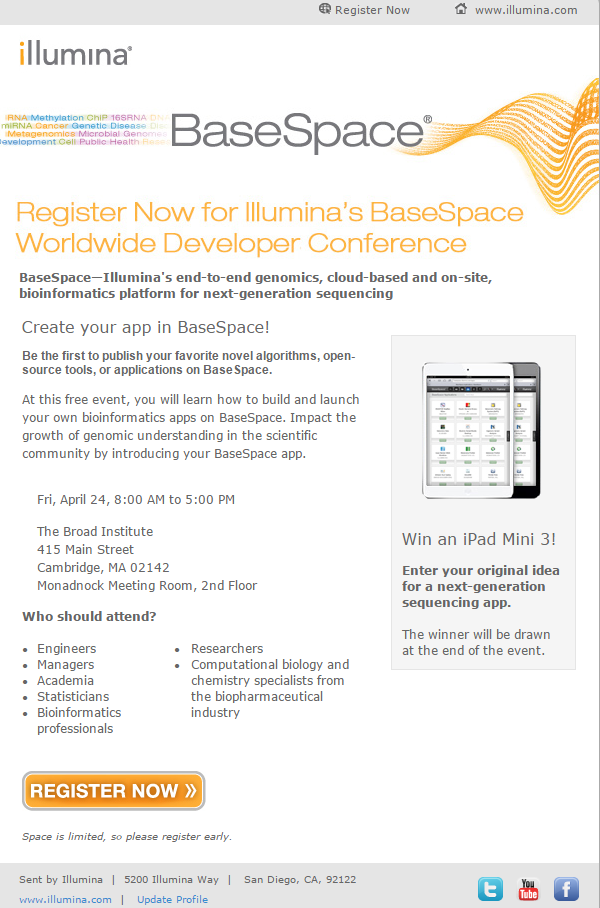 rtecotzky's tweet photo. Register Now for the 2015 Illumina BaseSpace WWDC 
@ the Broad Institute - April 24th, 2015 http://t.co/7PDlgVIdAk http://t.co/Kp3Dayl0d4