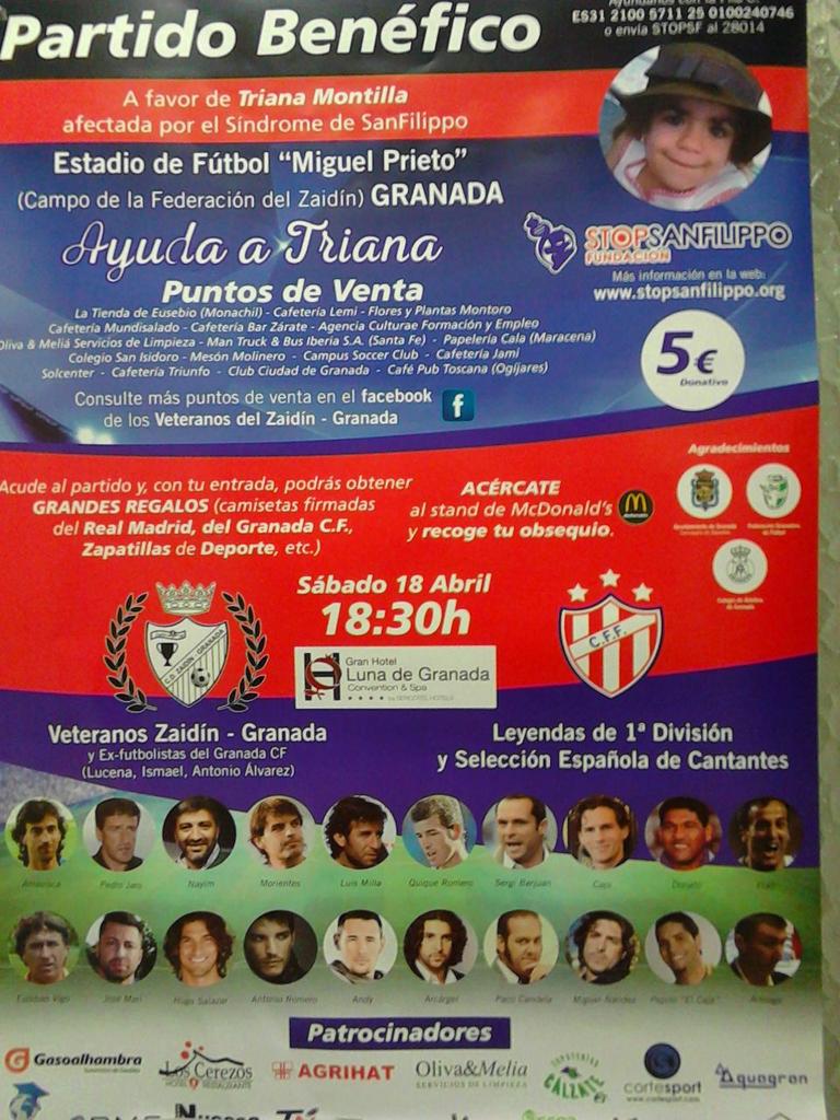Partido benéfico para ayudar a Triana
Venta de entradas en la <a href="/P_LosCarmenes/">Peña Los Carmenes</a>

Sábado 18/4
Solo 5€
Colabora
#StopSF