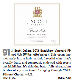 Honored to be <a href="/WineEnthusiast/">WineEnthusiast</a> Editor's Choice w/a 91 rating (2013 vintage in collaboration w/our partners <a href="/cellarsj/">J. Scott Cellars</a>)!