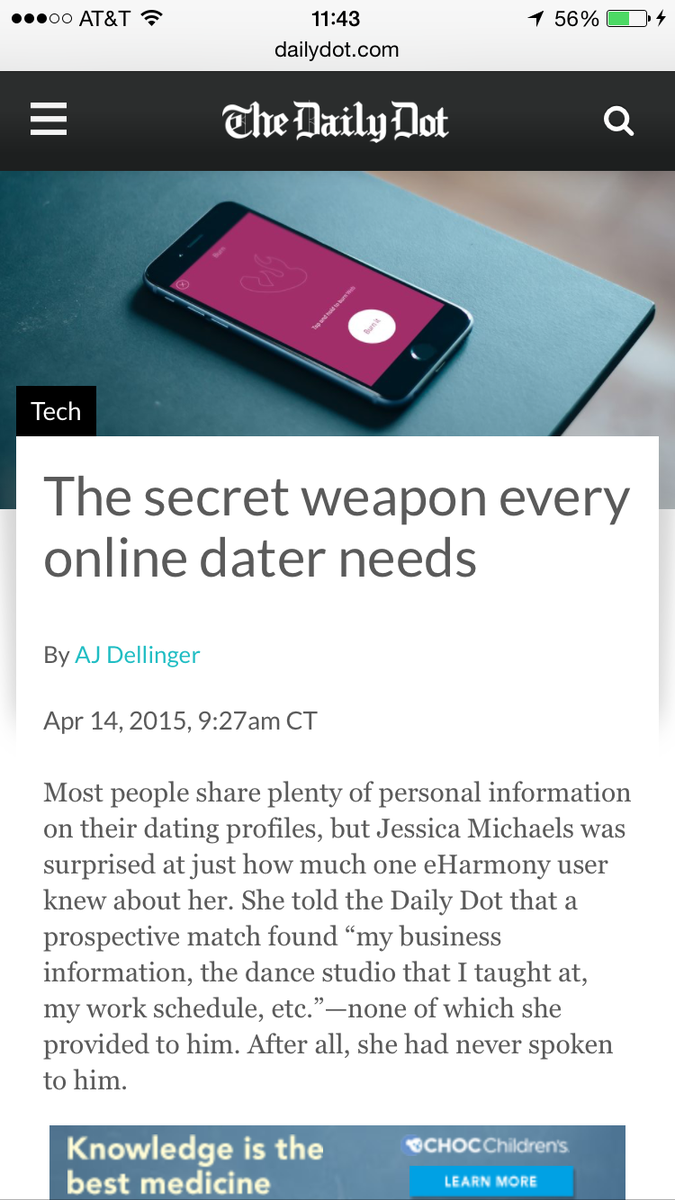 burner's tweet photo. Great @dailydot piece on the secret weapon every #onlinedater needs. #ByeFelipe, Hello #Burner http://t.co/VBezZDLoYE http://t.co/LqKE4v8wi7