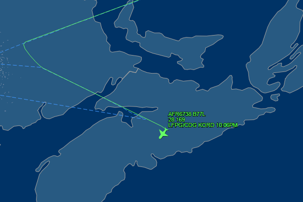 CBCNS's tweet photo. MT @RedShannon: Air France #AF6738  final approach to Halifax. Diverted from ORD. 1 engine inoperative on Boeing 777 http://t.co/MjRb23iW1Q