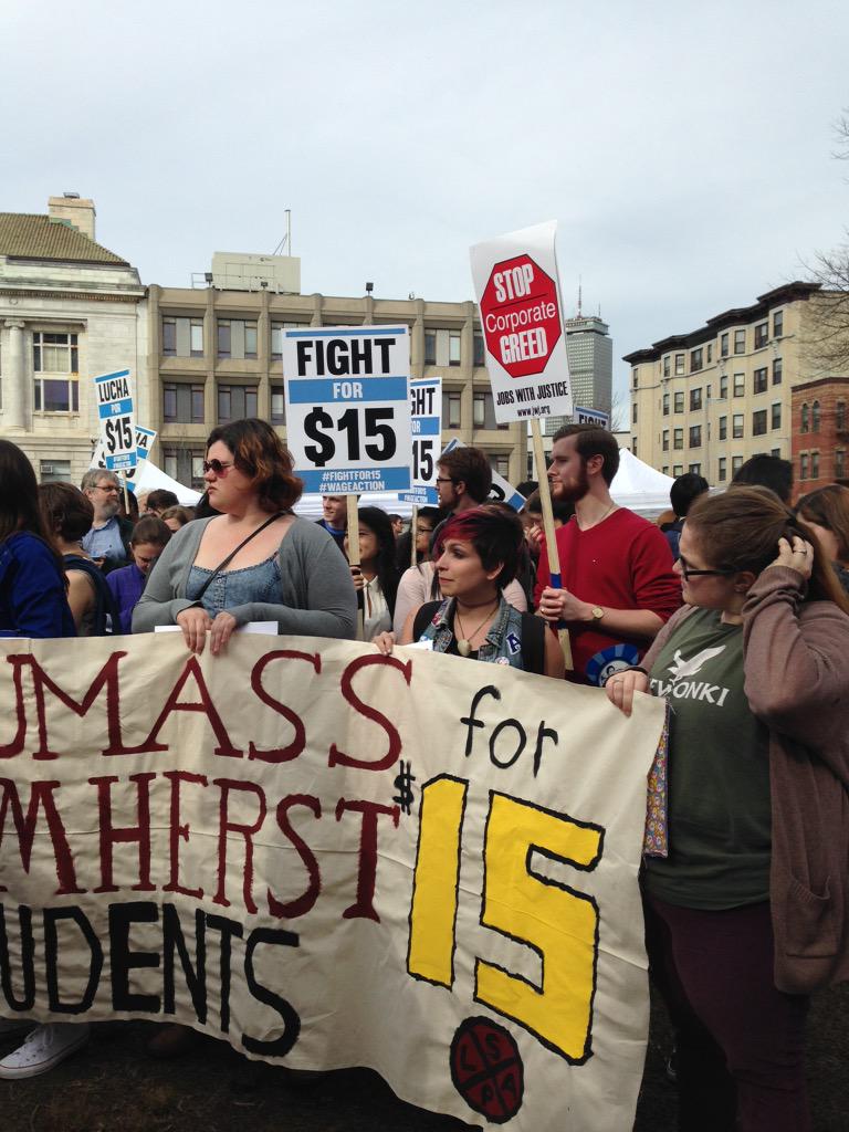 AllynnUmel's tweet photo. UMass Amherst in the #Boston #FightFor15 action today. #wageaction #StudentsFor15 http://t.co/j0QLptWaR6