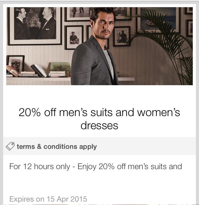 20 % off men's suits and women's dresses online at M&amp;S