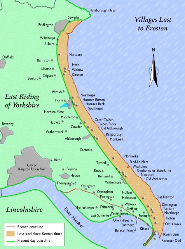 The lost villages of the Yorkshire coast, showing scale of erosion & loss since the Roman era:  http://www.eastriding.gov.uk/coastalexplorer/pdf/1development.pdf