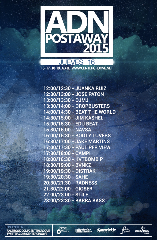 CenterWaves's tweet photo. Horarios ADN Postaway 2015. 16, 17, 18 y 19 de Abril http://t.co/WFVkUrYGnI