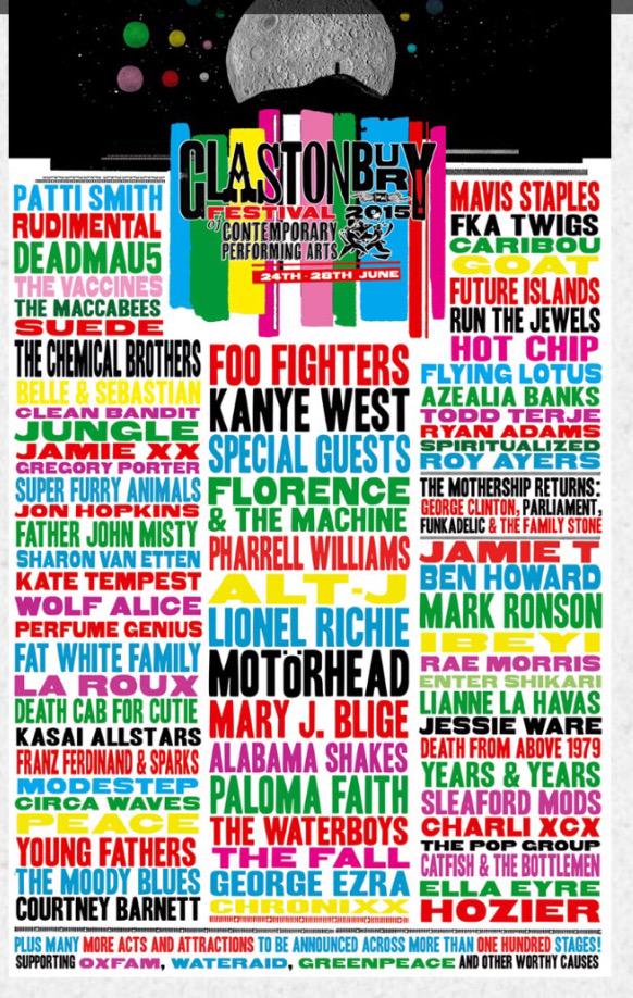 TotalMgmt's tweet photo. Wow, what a line up!!! #GlastonburyFestival #Glasto #GlastonburyLineUp @TotalMgmt_US @lifestyle_tm #FestivalSeason http://t.co/tqQjbcSo19