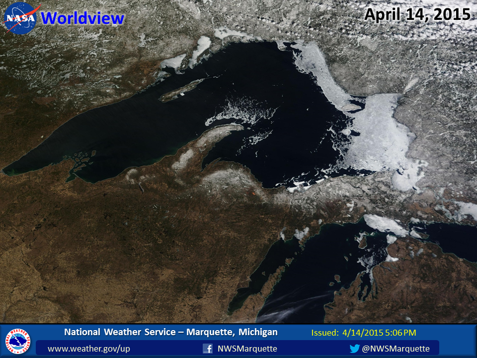 NWSMarquette's tweet photo. Here's a great look at remaining snow cover in the U.P. and ice on Lake Superior. http://t.co/uBF3ejYfNf
