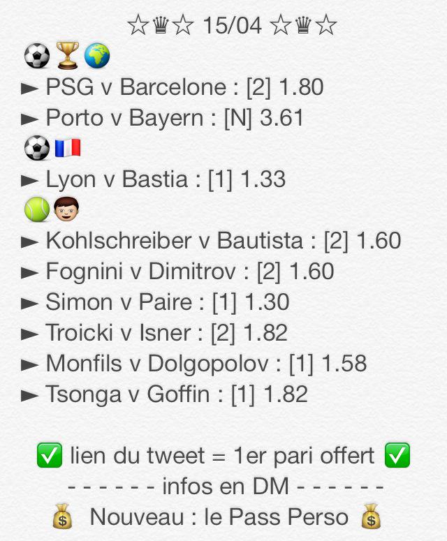 FDP_Pronos's tweet image. ☆♛☆ 15/04 ☆♛☆

♻️RT♻️+ DM pour recevoir le ticket du jour ❤️🐴

Pari ❌ ? Soyez remboursé 💰✅
► urlz.fr/W7O