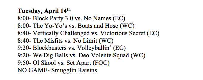 GCIntramural's tweet photo. Here is the schedule for tonight! Games start at 8 pm at HJ Long Gym! #GCIntramurals http://t.co/O3XOSwmn6C