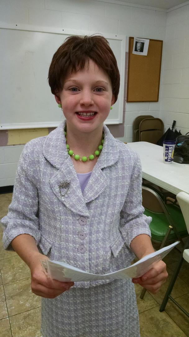 CFlock's tweet image. Katherine, grade 5, dresses as Laura Bush to present her "Faces of US History" paper about the former first lady!