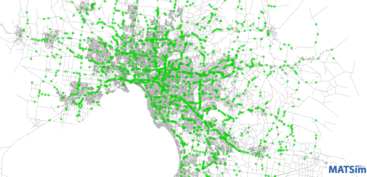 naronresearch's tweet image. First viz from Melbourne model (1% sample, cars only) using #matsim. Still bugs in demand/network to be ironed out.