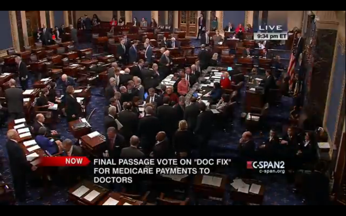 cspan's tweet image. Happening Now: U.S. Senate vote on #docfix for Medicare payments to doctors - LVE on C-SPAN2 cs.pn/1ysGC3o