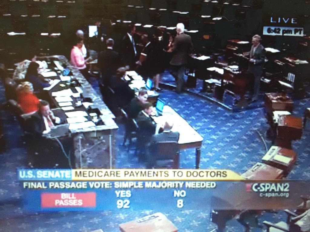 MFHpolicy's tweet image. MO's @RoyBluntMO &amp;amp; @clairecmc both voted for Medicare #docfix #SGR &amp;amp; #CHIP Reauthorization Act. Passes 92-8.