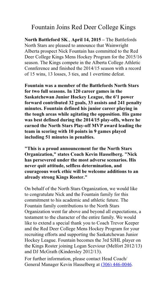 theSJHL's tweet photo. Nick Fountain commits to @RedDeerCollege hockey. @SJHL_NorthStars http://t.co/pfMNafFQTL