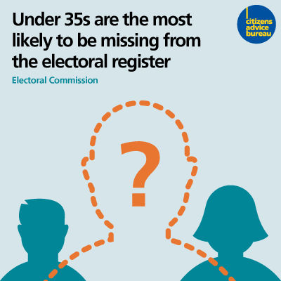 CitizensAdvice's tweet photo. Under 35? No vote. No voice. No power. You must #RegisterToVote by Monday - only takes 5 mins: http://t.co/Vpk3aNeR1T http://t.co/gvVJkvFDgr