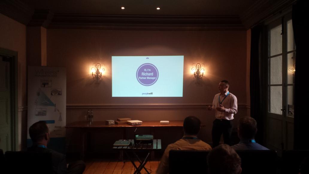 Purdicom's tweet image. Richard from @PurpleWiFi talking about their social guest wifi software! #WirelessPlus2015