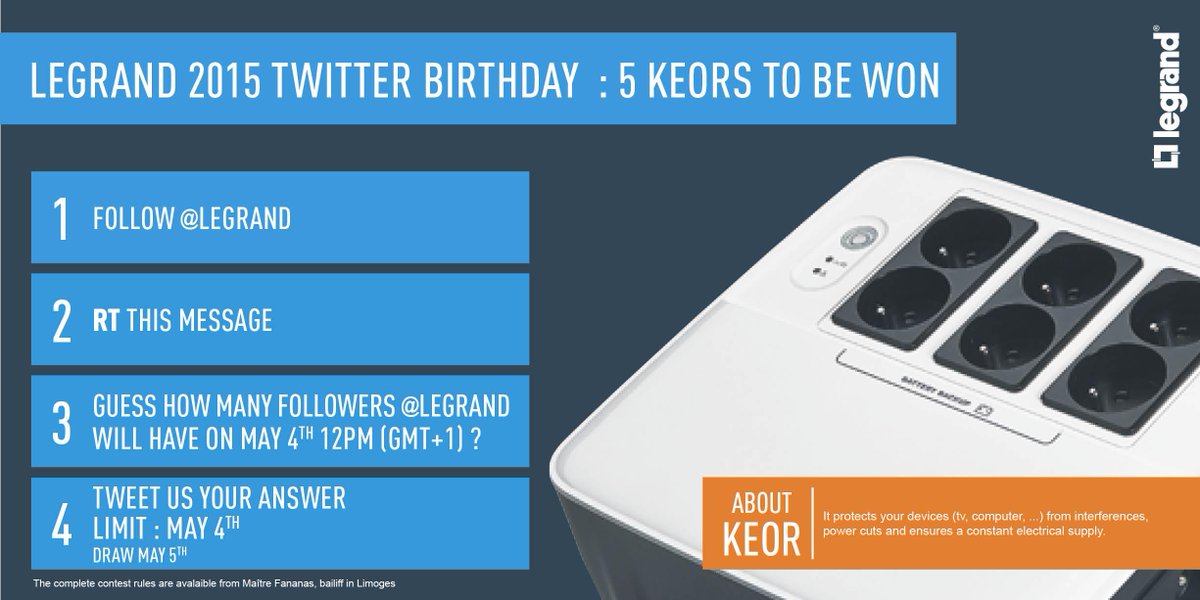 <a href="/Legrand/">Legrand</a> celebrates 4 years on #Twitter. Win 5 KEOR multiplugs #contest #Legrandanniv