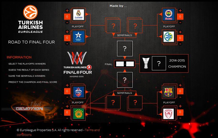 EuroLeague's tweet photo. Who will make it to the #FinalFour? Complete your own #EuroleagueBracket &amp; share it #F4Glory http://t.co/5vDFw74yOB http://t.co/8x7ZHpyxoc