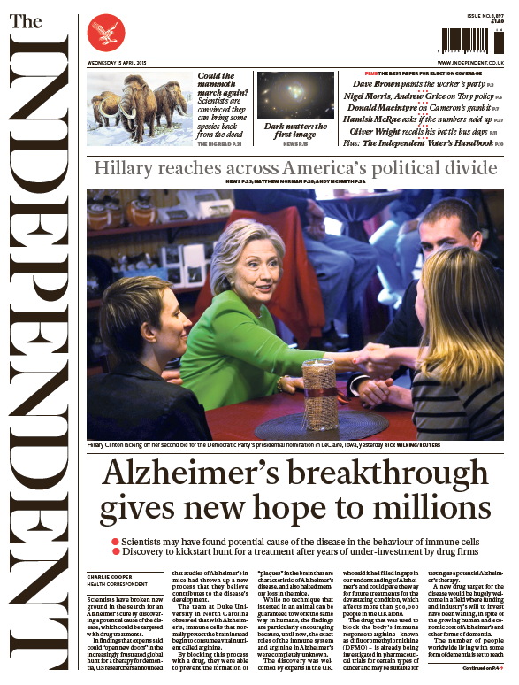 Independent features Hillary Clinton above Alzheimer's story