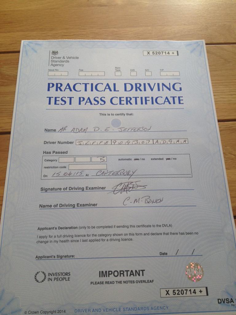 AdamJefferson97's tweet photo. Passed driving test first time! :-) http://t.co/GVhXVoUk9b