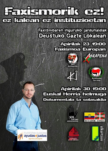 Antifaxismoa's tweet photo. Faxismorik ez! Ez kalean ez instituzioetan
Apirilak 23-30
19:00
@BilboAntifa @Paredeustu
@Antifaxismoa @ErnaiDeustua
http://t.co/hF19sstMWz