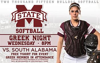<a href="/MSUPanhellenic/">MSU Panhellenic</a>: Don’t forget it’s GREEK NIGHT at <a href="/HailStateSB/">Mississippi State Softball</a>! FREE T-Shirts for every greek member in attendance!