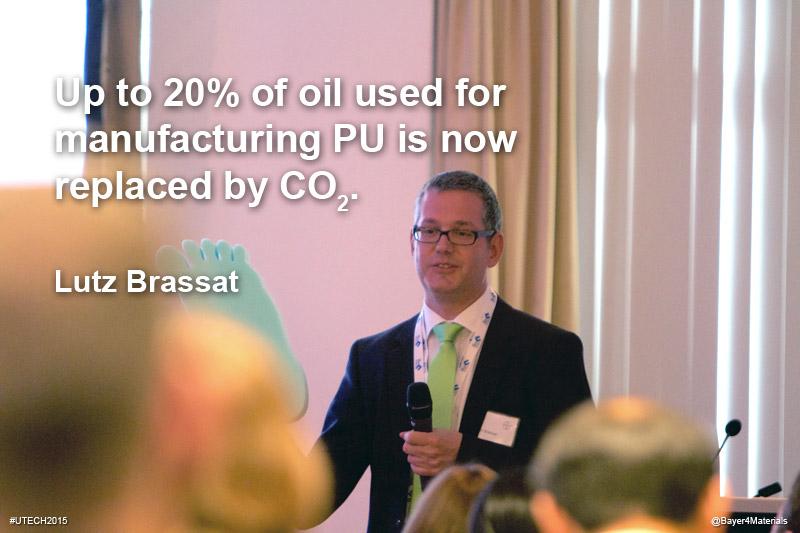 covestro's tweet photo. Lutz Brassat: Up to 20% of oil used for manufacturing PU is now replaced by #CO2. #UTECH2015 http://t.co/oLGD4Vyqnv