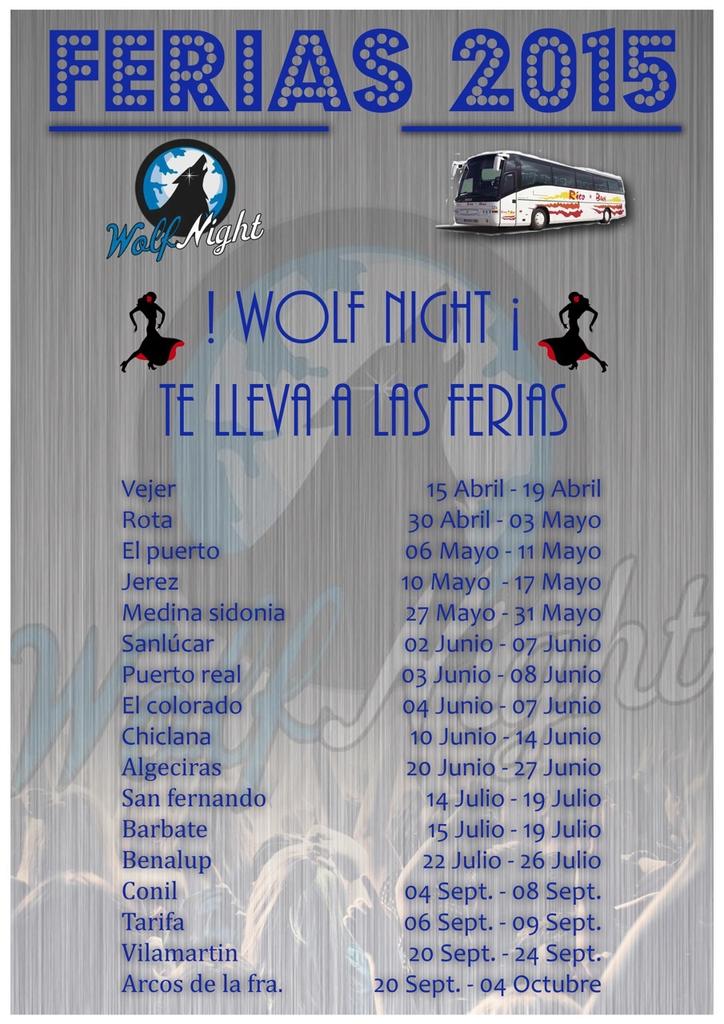 WolfNightEvents's tweet photo. ¡¡¡¡¡YA LLEGAN LAS FERIAS!!!!
Y WOLF NIGHT TE LLEVA EN BUS!! 
El Puerto 9 Mayo-  6,50€
Jerez 16 Mayo-  6,50€ http://t.co/IjIbDFg6Q4