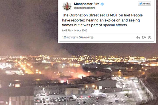 RecordTVNews's tweet photo. .@ITVCoronationSt explosion so realistic locals call fire brigade fearing for soap's set http://t.co/IbGs7AgL0b http://t.co/YY94UyN3w3