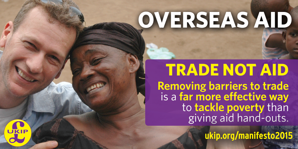 UKIP's tweet photo. .@SuzanneEvans1: "We support trade not aid, we will cut foreign aid to 0.2% of GNI." #UKIPManifesto http://t.co/FrRMy2goy7