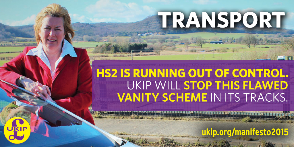 UKIP's tweet photo. .@SuzanneEvans1: "We will scrap HS2." #UKIPManifesto http://t.co/GeGDaV9ocy