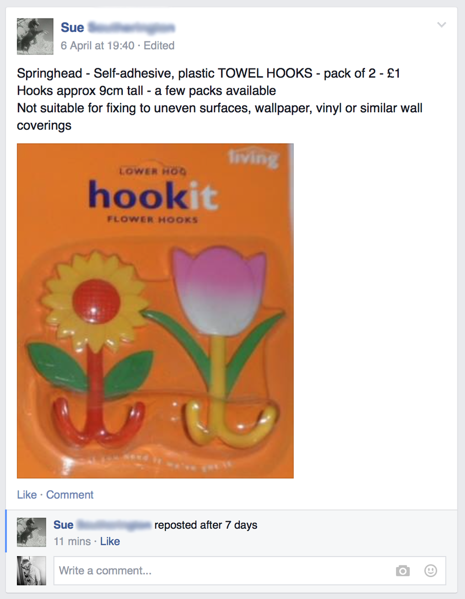 ricklees's tweet photo. No, Sue. Nobody wants to buy your self-adhesive plastic towel hooks pack of two for a quid. #nosue #thingsforsale http://t.co/0yFacwdNT6