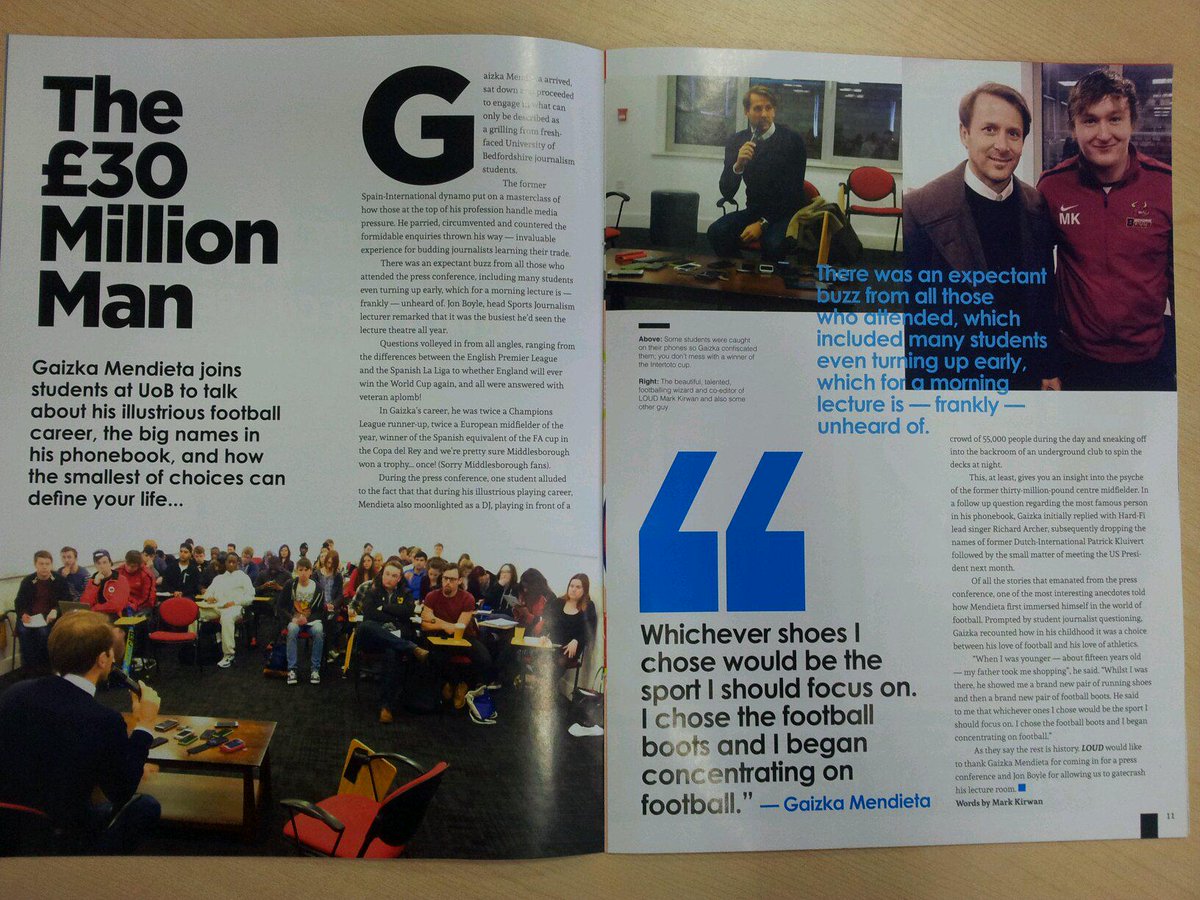 jonboylemk's tweet photo. Nice feature on @GaizkaMendieta6's visit to @uniofbeds by @marky_kirwan in the student mag @bedsloud http://t.co/6FMMpEJ6xk