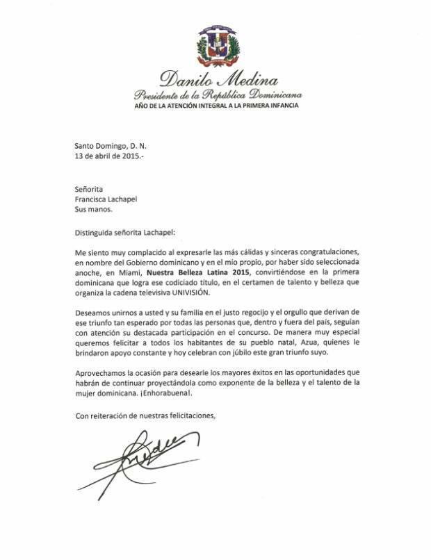 NBLDominicanas's tweet photo. Carta que el presidente de la Rep. Dominicana Danilo Medina le mando a Francisca Lachapel NBL2015 ❤️ http://t.co/rXCBN11sPW