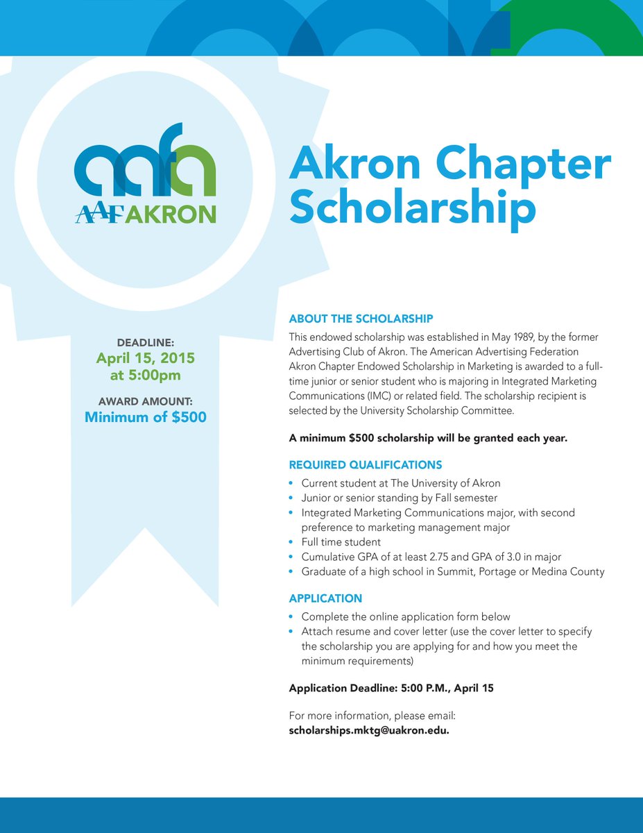 Last chance for the @AAFAkron IMC scholarship. Deadline is at 5:00 this evening. Check out bit.ly/1g6xGGz.