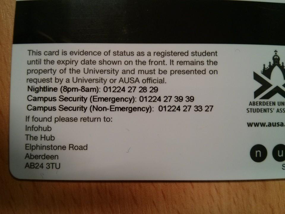 AUSAWelfare's tweet photo. This has made my day! All new @aberdeenuni student cards have @abdnniteline and security numbers on them! #welfarewin http://t.co/vAtNycXuRi