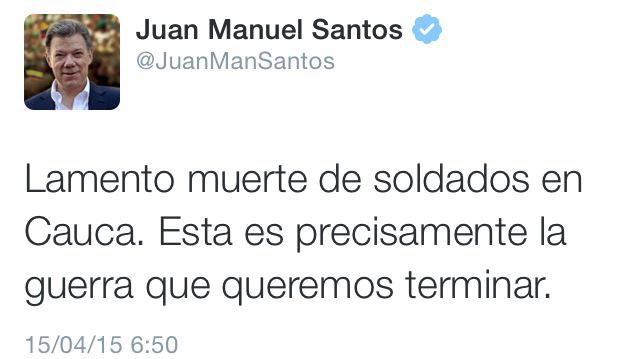 Presidente los enemigos de La Paz son usted y FARC, su silencio cómplice es responsable de estos hechos terroristas